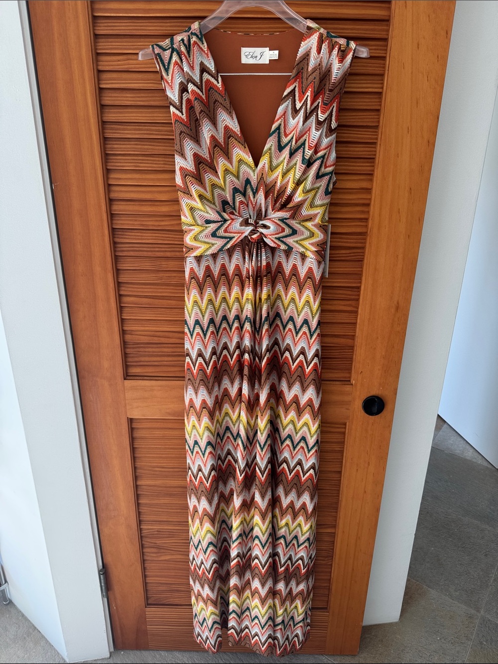 ELIZA J Chevron Knit Maxi Dress in Rust, Yellow & Green